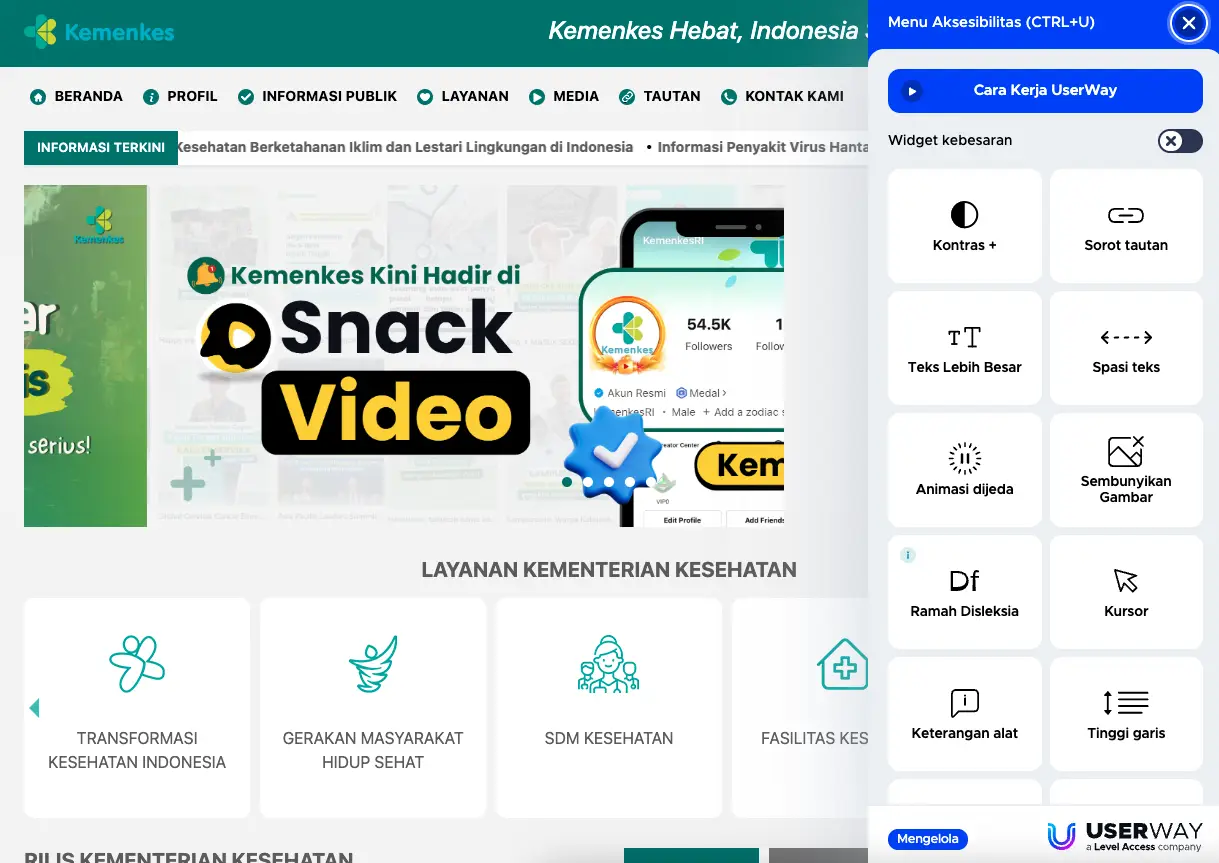 Tampilan overlay aksesibilitas di website kemkes.go.id