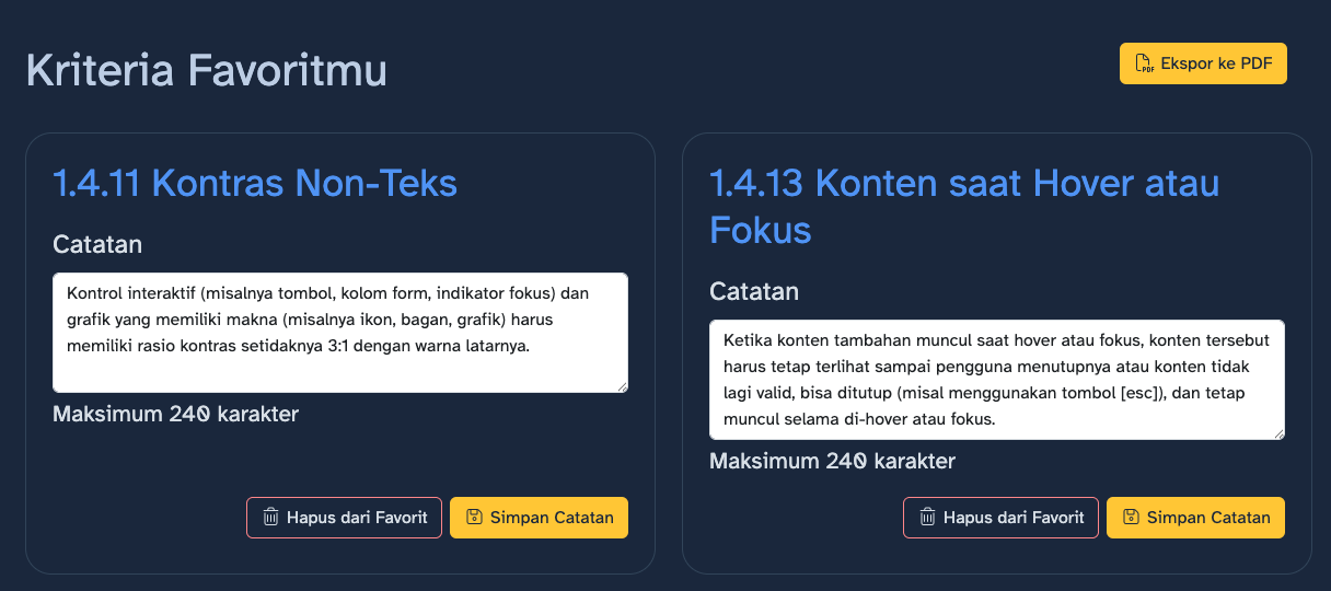 Daftar Kriteria Favorit dengan Catatan yang dituliskan pengguna