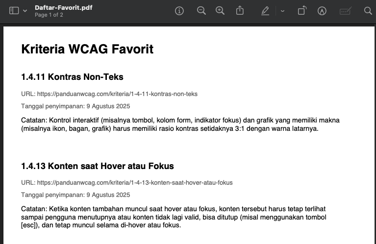 Hasil ekspor PDF yang mencakup nama Kriteria, URL, tanggal disimpan, dan Catatan yang dimasukkan